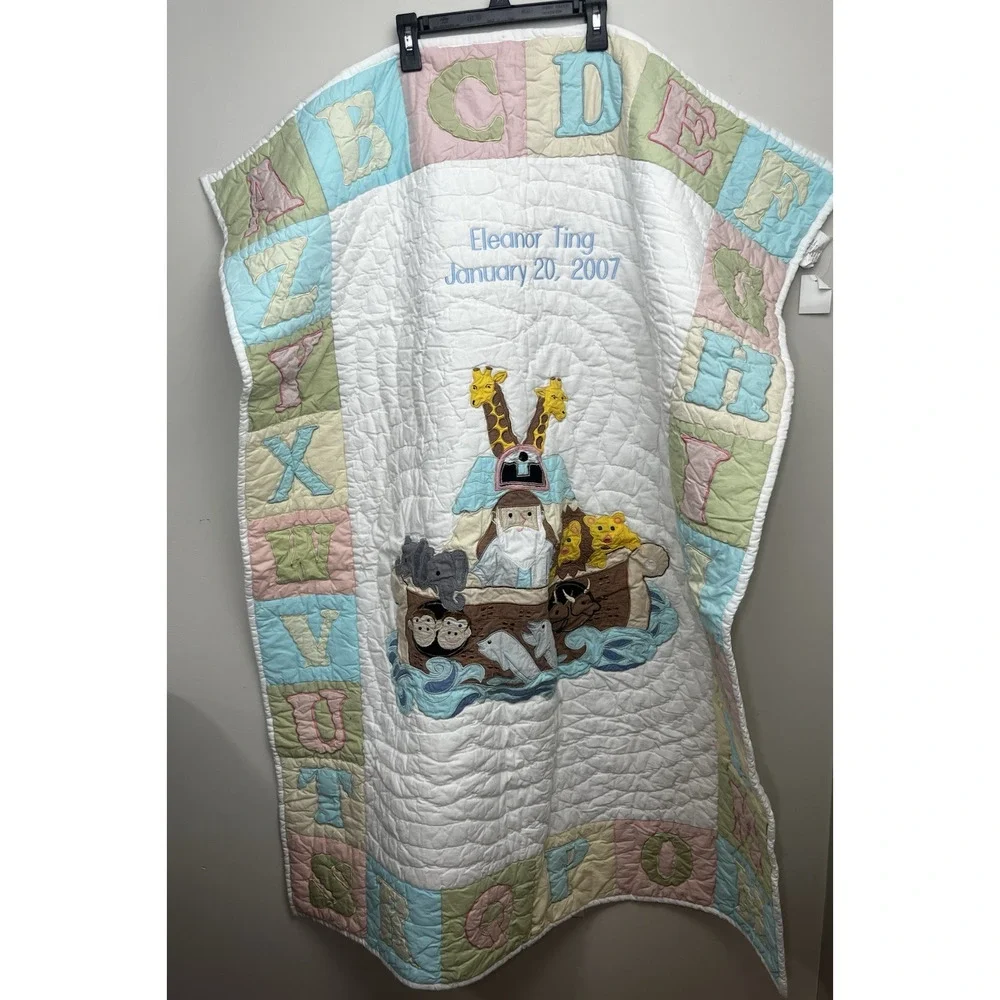 Lillian Vernon Noah's Ark ABC Cotton Crib Baby Quilt White Personalized Monogram